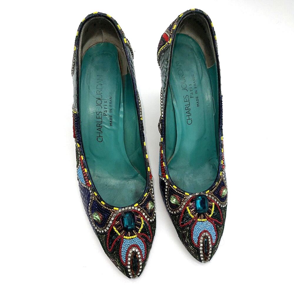 Bradley Levin Beaded Heels Womens 8 Charles Jourdan 80s 90s Vintage Rare Unique - Picture 4 of 15